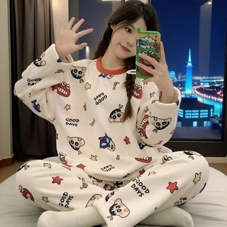 蠟筆小新睡衣女生冬季法蘭絨保暖甜美長袖長褲珊瑚絨家居服兩件套Doly