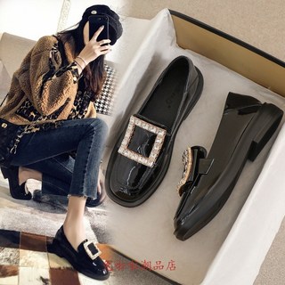 34-40大碼女鞋 英倫風福樂鞋 黑色厚底包鞋 方扣水鑽皮鞋 學院風樂福鞋學生鞋小皮鞋 韓版 東大門厚底鬆糕鞋 明星同款, 黑色,40【250】