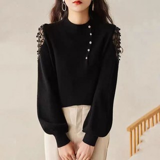 COSYEVNO 중년 여성 춘추 진주장식 레이스 소매 니트 블라우스 LFHnszzs-18