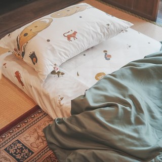 棉床本舖 星際喵子 天絲床包兩用被組 100支萊賽爾纖維 單人薄床包草綠三件組 柔滑舒適觸感