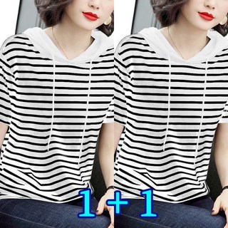 빅 사이즈 여성용 티셔츠 여름 얇은 오버핏 후드 스트라이프 상의 XZ1395