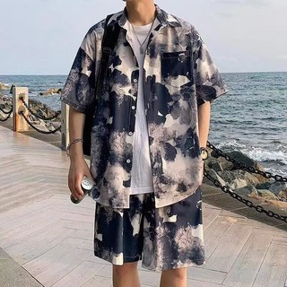 國風沙灘套裝男士夏季薄款大碼休閒男裝高級短袖襯衫短褲夏裝