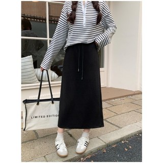 33013L_秋裝新款胖mm大碼女鬆緊腰顯瘦抽繩腰大擺百搭後半身裙