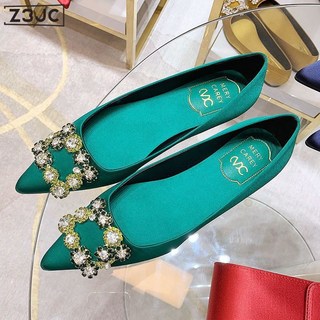 Z3JC 尖頭平底鞋女春秋季新款百搭通勤淑女軟底淺口水鑽單鞋女婚鞋