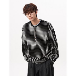 純棉條紋長袖亨利衫 - 寬鬆情侶款男女上衣