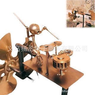手工金屬鼓手風車 樂器擺飾, 金屬鼓風車金色,1個裝, 1個