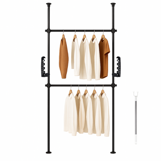 沐頂居家 頂天立地雙桿曬衣架 免鑽孔可調節高度, 黑色2立2橫2翅膀1晾衣桿