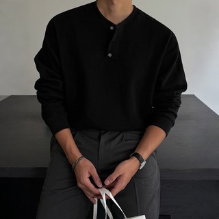 MYQ華夫格亨利領長袖T恤男士春秋寬鬆老錢風打底衫韓系通勤穿搭