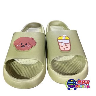 EVA超軟厚底拖鞋 居家室內止滑透氣 可愛狗狗珍珠奶茶卡通造型, 新款狗狗奶茶款-綠色,38-39