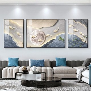 現代新款客廳裝飾畫沙發背景牆壁畫簡約大氣三聯畫山水畫輕奢掛畫 YDF5, 九魚生財,30*40中間60*40pvc黑框