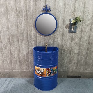 Shark家具 工業風油桶洗臉盆 個性KTV酒吧洗手台 落地立柱盆, 深藍色帶鏡子（送水龍頭 下水）, 1個