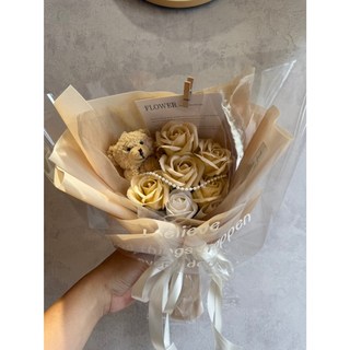 玫瑰熊熊 香皂花 玫瑰花 花束 乾燥花 乾燥花束 滿天星 伴娘禮 生日禮物 畢業花束 情人節, 熊熊黃