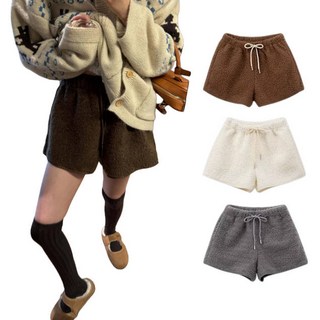 무니유유 여성 겨울 도톰한 기모 양털 후리스 뽀글이 오버핏 스트링 밴딩 숏 반바지