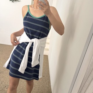 에이치스 바캉스 비치웨어 물놀이필수템 테리원단 배색 줄무늬 단가라 유넥 민소매 끈 미니원피스