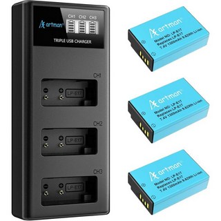 Artman 엘피-E17 배터리 3팩 1300mAh 및 3슬롯 LCD 충전기 Canon EOS R50 R8 R10 RP R100 Rebel T8i T7i T6i T6s SL2