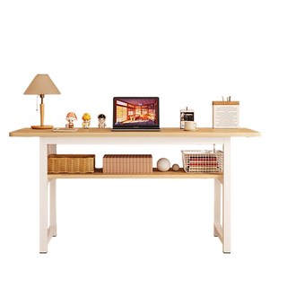 簡約雙層置物書桌，140公分寬敞桌面，學生辦公桌，現代風格電腦桌, 雙層暖色白+本色面板