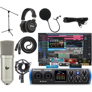 PreSonus Studio 24c USB-C 오디오/MIDI 인터페이스 녹음 번들 (LyxPro 카디오이드 콘덴서 마이크 팝 필터 쇼크마운트 XLR 케이블 메탈 스탠드, Studio One Artist Software - 2