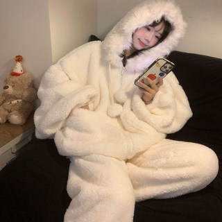 法蘭絨連帽珊瑚絨睡衣女冬季新款，大碼加絨加厚保暖家居服套裝，可外穿