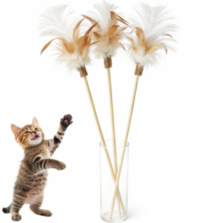 레이지웍 고양이가 뜯기도전에 보채는 마따따비 리얼깃털 낚시대 장난감, 3개, 베이지
