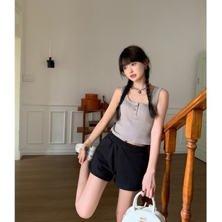 Aries實拍 螺紋基本款排釦短版背心 - 挖背削肩素面短版上衣