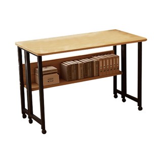 簡約風滾輪書桌附置物架 學生辦公桌 移動式工作桌 節省空間, 木紋