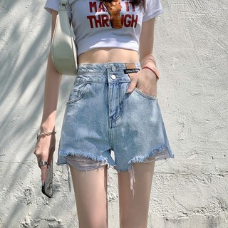 女款高腰牛仔短褲 毛邊A字休閒闊腿褲