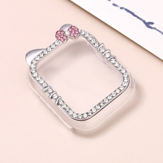 멍카모 큐빅 고양이 메탈 프레임 핑크 리본 애플워치 보호 케이스 커버 투명, 실버