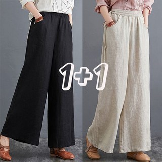 1+1 하이웨이스트 면 마 팬츠 캐주얼 슬랙스 중년여성 30대 40대 50대 린넨 기질 팬츠 허리밴딩 여름 면마바지 빅사이즈 M-5XL