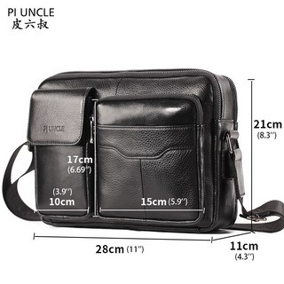 PI UNCLE 男士真牛皮復古斜挎包，大容量多口袋商務休閒側背包, 黑色
