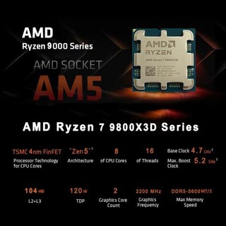 새로운 AMD R7 9800X3D Ryzen 9800x3d 5.2GHz 8코어 16스레드 L3=96M 소켓 AM5 100- 100001084 쿨러가 없, 01 CN