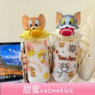 甜蜜cosmetics 可愛水杯 女生夏季新款 學生卡通貓和老鼠吸管杯 斜挎Tritan兒童水瓶, 貓和老鼠聯名湯姆貓-580ml,塑料杯隨機發, 1個