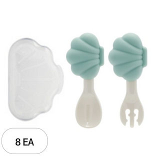 에디슨 국산 미니 조개 자기주도 실리콘 스푼 세트, 8세트, 스푼 + 포크 + 케이스, 민트