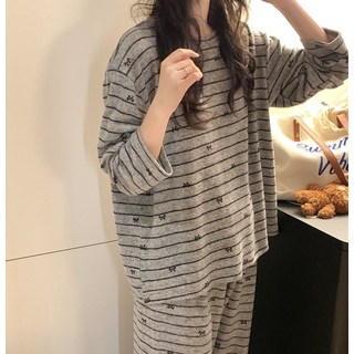 엔에스레이블 캐주얼 실내복 여성 홈웨어 긴팔 긴바지 세트 잠옷 그레이 리본 파자마 NSLEVEL