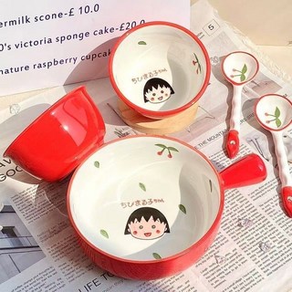 週邊好物 櫻桃小丸子餐具高顔值防燙手柄碗釉下彩泡麵沙拉宿捨學生家用勺筷, 碗勺組合【手柄碗+勺子】2件套,【櫻桃小丸子】高顏值釉下彩陶瓷, 1個