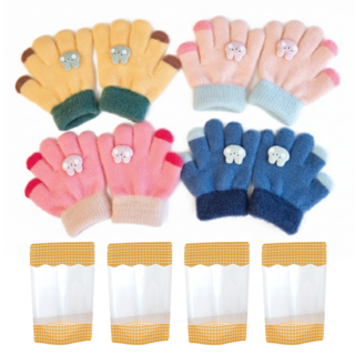 유아용 토끼 손가락 장갑 + 지퍼백 크리스마스 선물 어린이집 생일 답례품, 1세트, 옐로+핫핑크+연핑크+블루