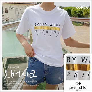오버시크 여성용 국내제작 에브리 호일 심플 금박 레터링 반팔 라운드넥 티셔츠 사계절 해외여행 휴양지 커플룩 마실룩 산책룩 데일리 코디 아이템