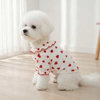 강아지 발렌타인 하트 패턴 프릴 의류 봄여름 리브 원단 사랑스러운 디자인, 1개, White