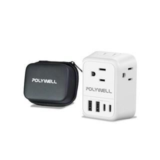 POLYWELL 歐規旅行轉接頭 雙Type-C 雙USB充電孔 附硬殼收納包 韓國轉接插座 OL-519GE 寶利威爾, 圖片色, 1個, 64mm