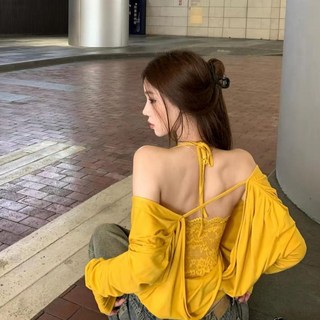 全糖芭莉 純欲大領口V領收腰顯瘦長袖上衣蕾絲掛脖吊帶套裝新春款