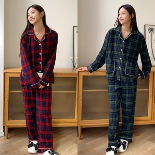 [달콩스윗] 프렌치 크리스마스 피치기모 여성잠옷 세트 홈웨어 체크 커플잠옷