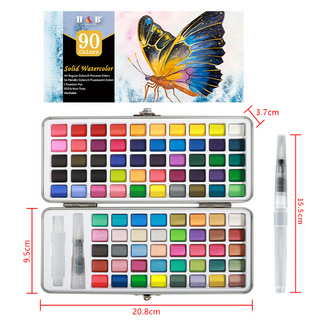 HB문화사 진주펄 고체 프리미엄 50/72/90/100 색 틴케이스 전문가용 수채화 브러쉬 세트 물감, 90색