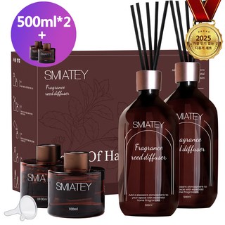스미어티 프리미엄 실속형 500ML 대용량 실내디퓨저+유리병 2개+ 섬유스틱 10p 실내방향제 집들이선물 집 화장실 방향제, 호텔 목재, 2개