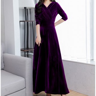 쁘띠꼬모 여성 벨벳 랩 브이넥 슬림 플레어 긴팔 맥시원피스 파티 연말룩 GX592015