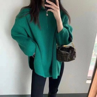 StephenieX 親膚高磅半拉鍊針織毛衣 寬鬆側開衩設計