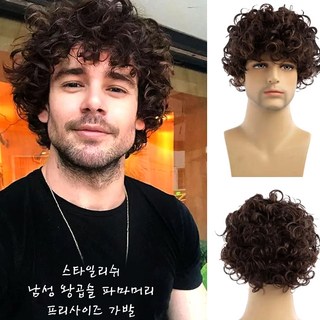 왕 곱슬 파마머리 통가발 티안나는 웨이브 머리 단발 남성 가발, 1개, 브라운