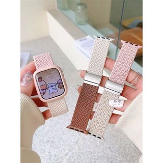 ins适用applewatch8表带手表带iwatch7/se/se2/6/5/4编织拼色表带, 1個, 编织卡扣-酒红拼星光色+白壳/仅表带,Iwatch8/7代（45mm）