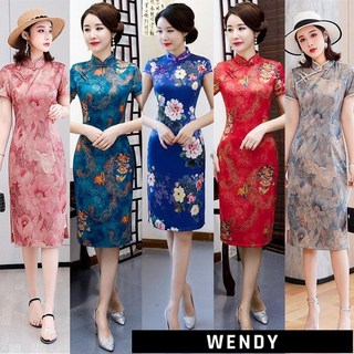 中長旗袍 M-5X 雙層仿絲 日常旗袍 洋裝 復古緊身香雲紗 改良旗袍 媽媽裝 尾牙寫真拍照 旗袍趴, 40047圖片色,2X-5X無默認2X