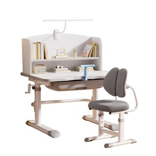 可升降兒童學習桌椅套裝 (矯正坐姿), 桌子+椅子+書架+檯燈, Y008灰