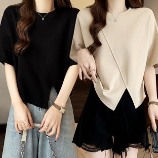 모던허니 트임 사선 크롭 라운드 면 반팔 루즈핏 티셔츠 오버핏 휴가룩 바캉스룩 데일리룩