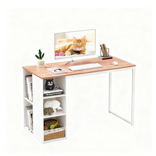 簡約風書桌附收納層架，學生辦公桌，工作桌，多層收納，寬敞桌面，堅固耐用, 淺胡桃木色